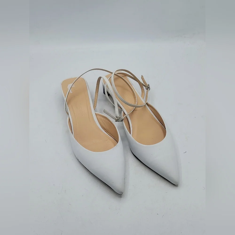 Club Monaco White Leather Pointed Toe Slingback Kitten Heels Size 37.5